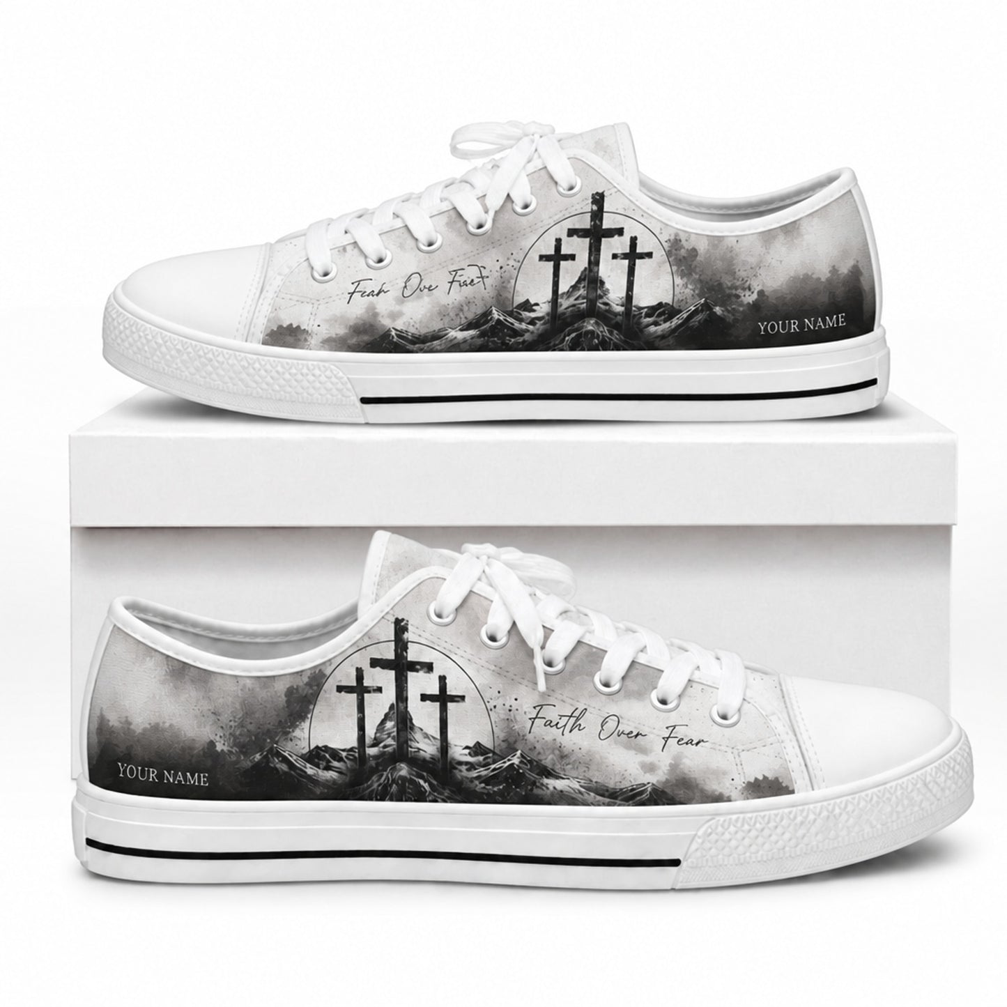 Faith Over Fear Crosses Graphic Personalized Low Top Shoes box white  