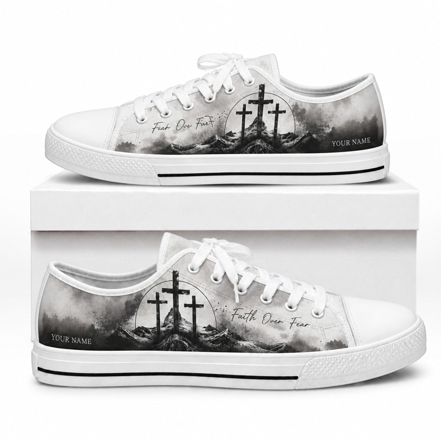 Faith Over Fear Crosses Graphic Personalized Low Top Shoes box white  