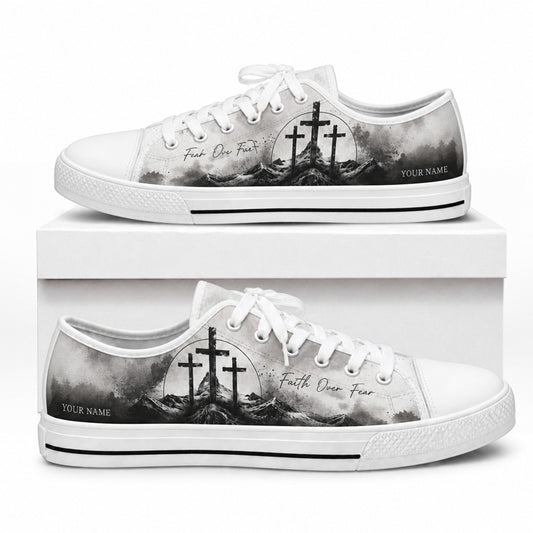 Faith Over Fear Crosses Graphic Personalized Low Top Shoes box white  