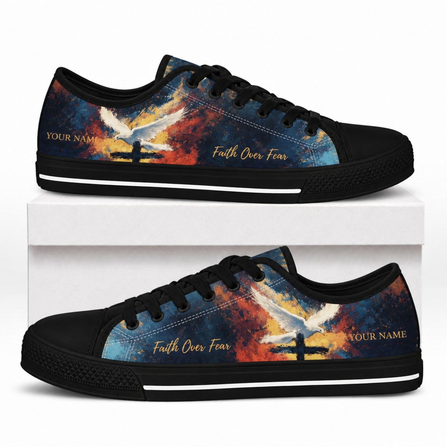 Faith Over Fear Dove Graphic Personalized Low Top Shoes box black  