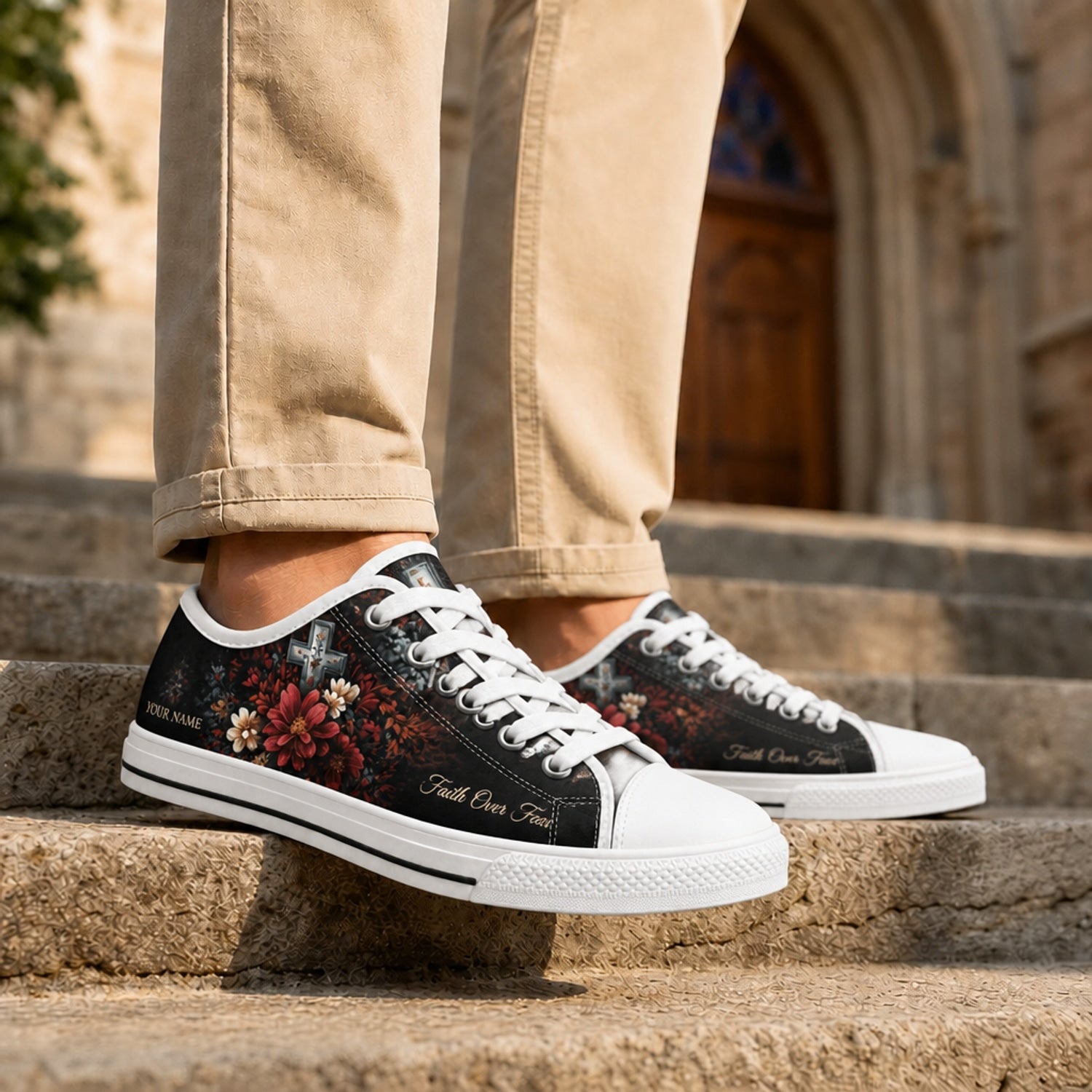 Faith Over Fear Floral Cross Vintage Personalized Low Top Shoes Life style