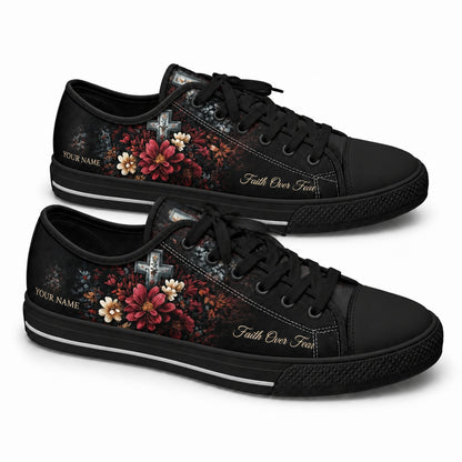 Faith Over Fear Floral Cross Vintage Personalized Low Top Shoes black shoes