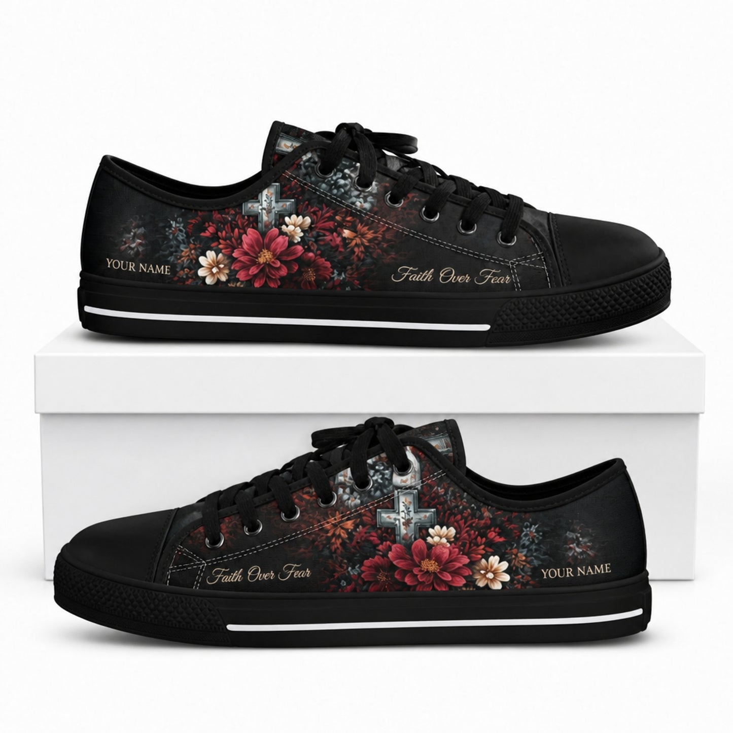 Faith Over Fear Floral Cross Vintage Personalized Low Top Shoes box black