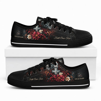 Faith Over Fear Floral Cross Vintage Personalized Low Top Shoes box black