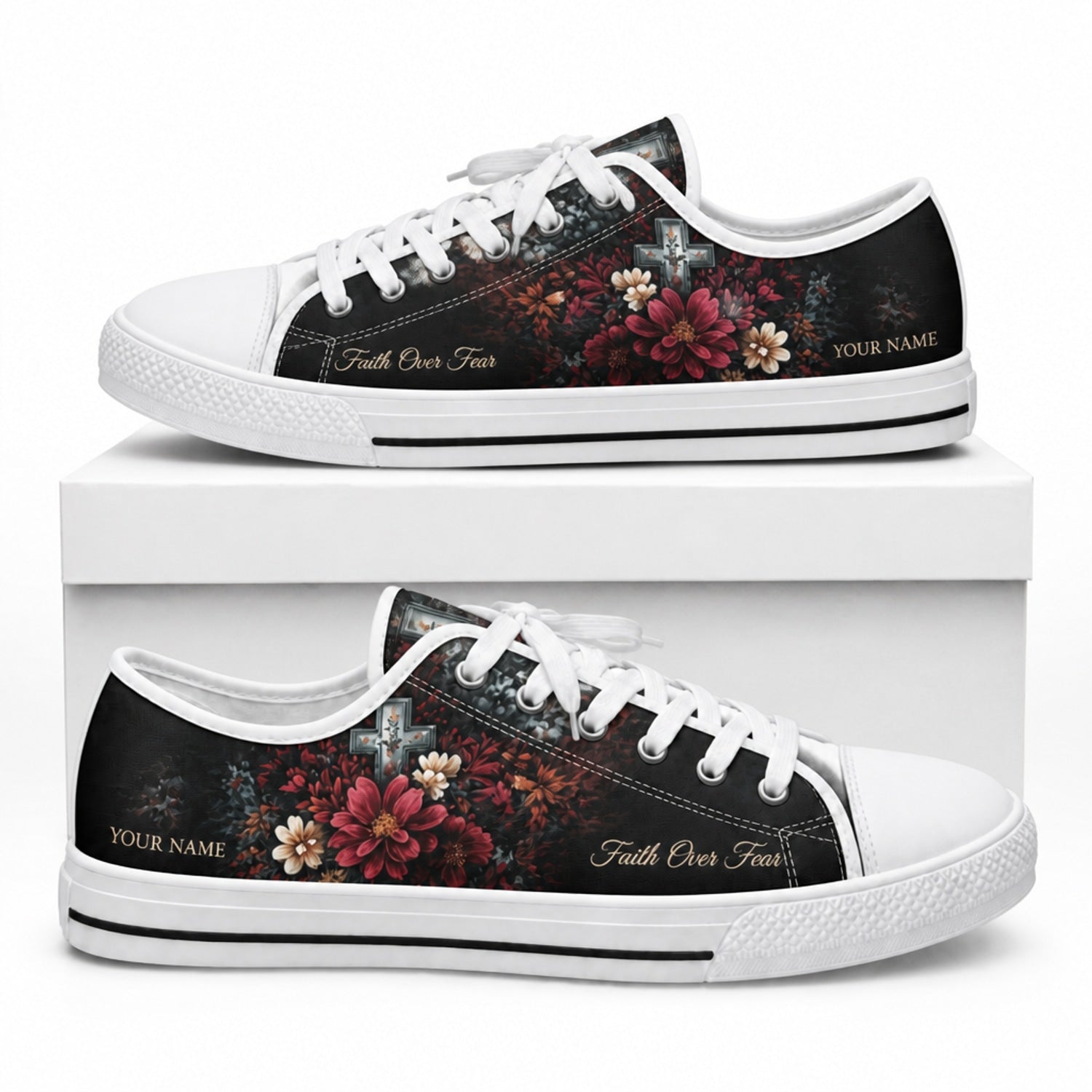 Faith Over Fear Floral Cross Vintage Personalized Low Top Shoes box white