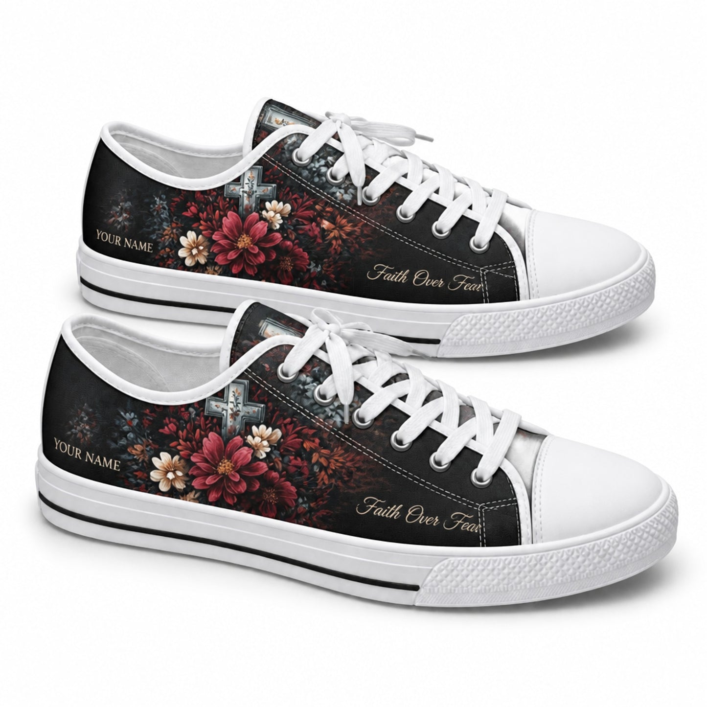 Faith Over Fear Floral Cross Vintage Personalized Low Top Shoes    