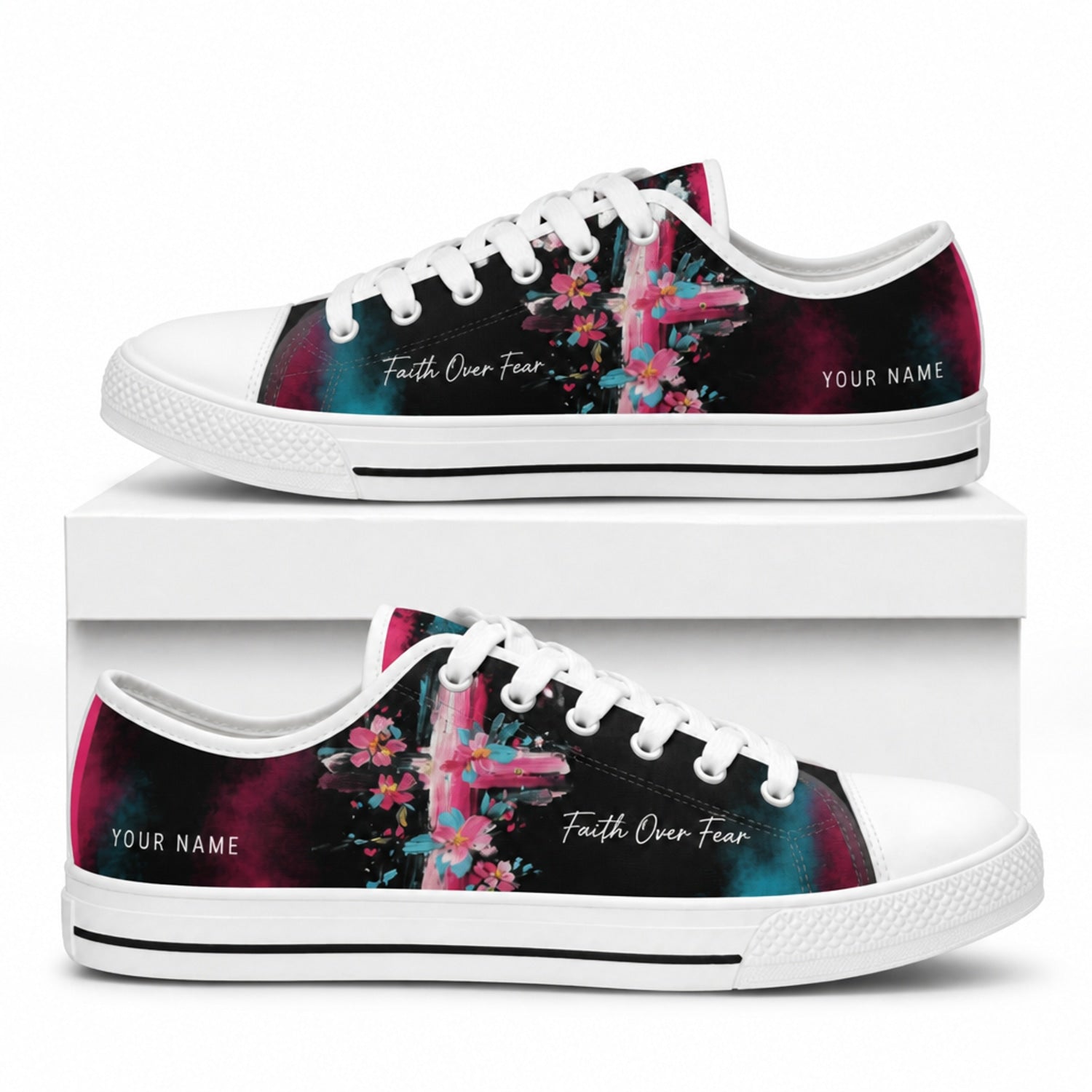 Faith Over Fear Graphic Personalized Low Top Shoes box white    