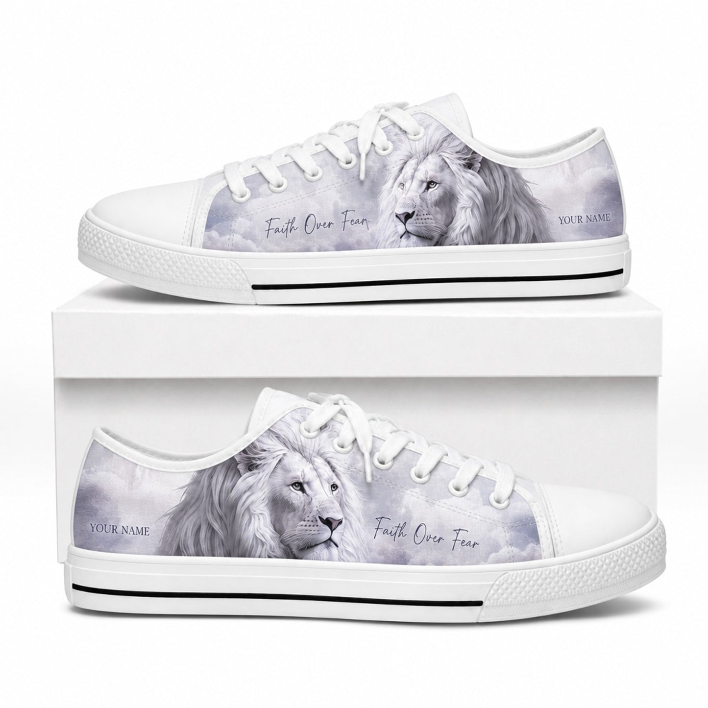 Faith Over Fear Lion Artistic Customized Low Top Shoes box white  