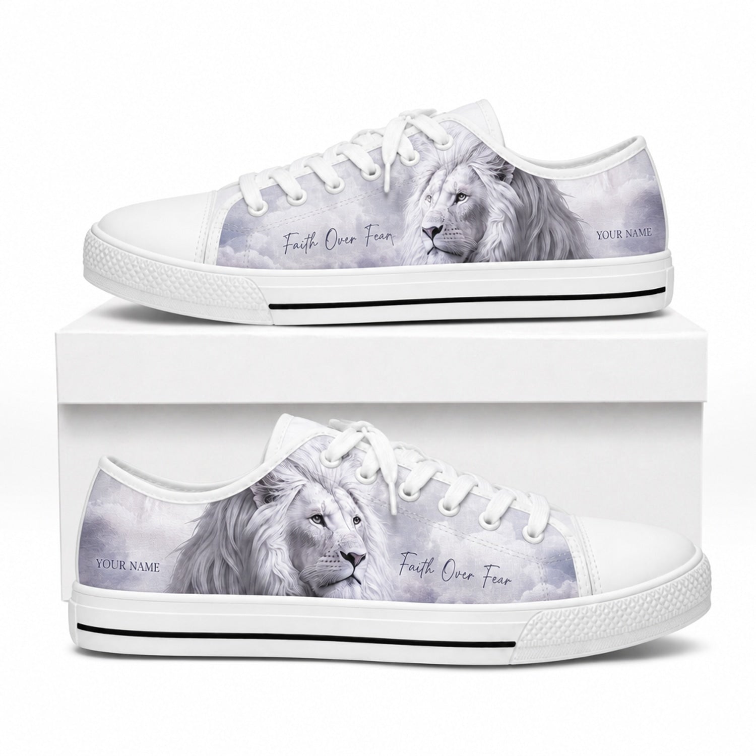 Faith Over Fear Lion Artistic Customized Low Top Shoes box white  