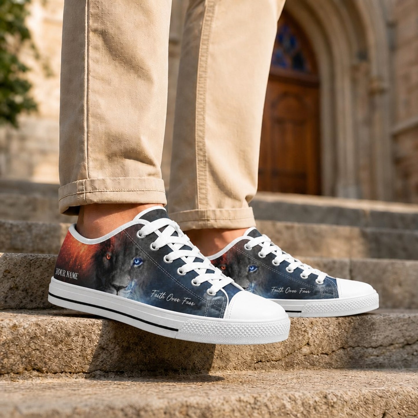 Faith Over Fear Lion Graphic Low Top Shoes Life style    