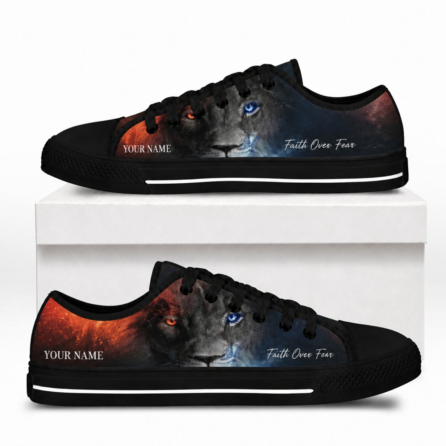 Faith Over Fear Lion Graphic Low Top Shoes box black    