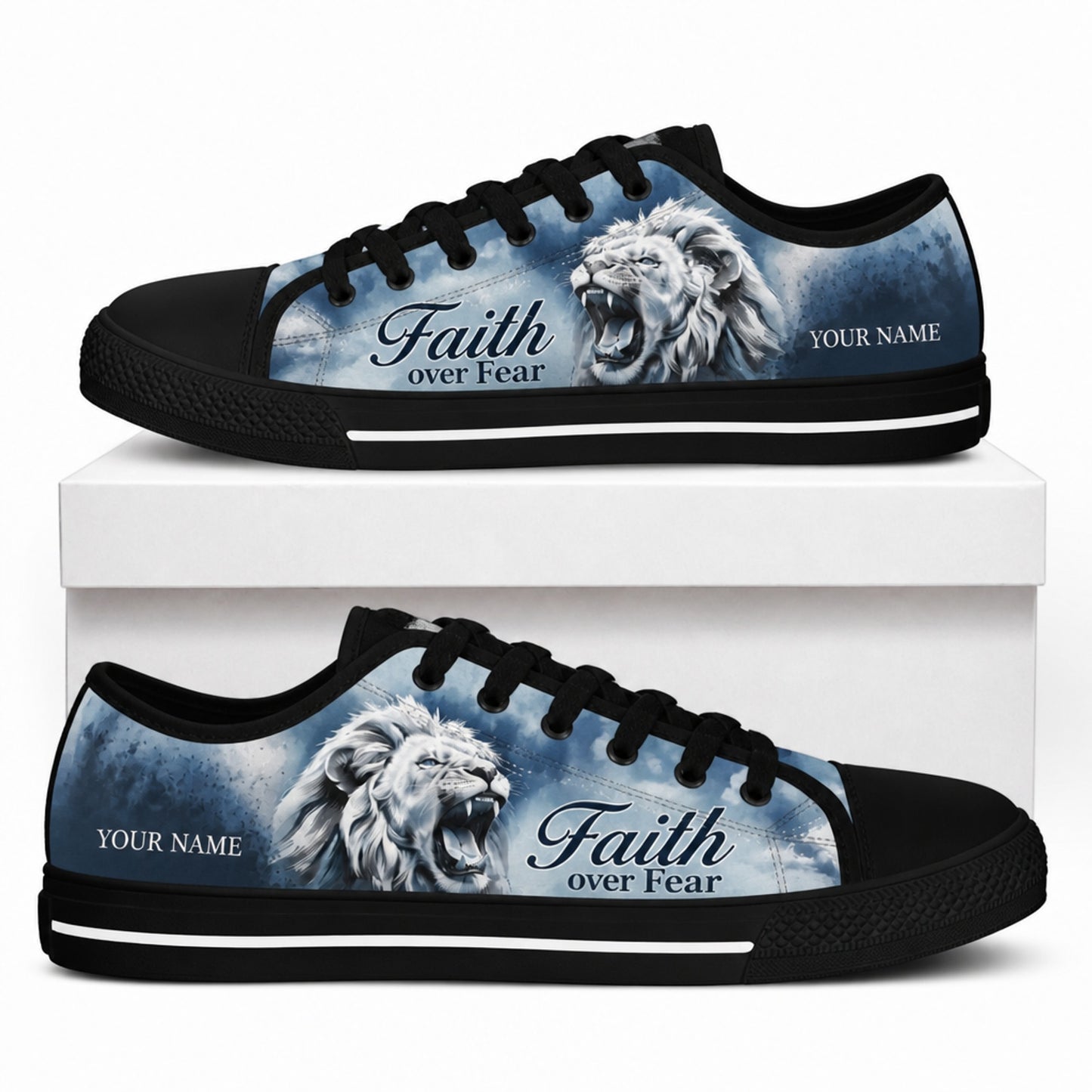 Faith Over Fear Lion Graphic Canvas Low Top Shoes box black    
