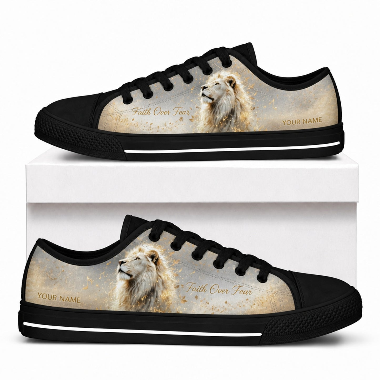 Faith Over Fear Lion Low Top Shoes box black    