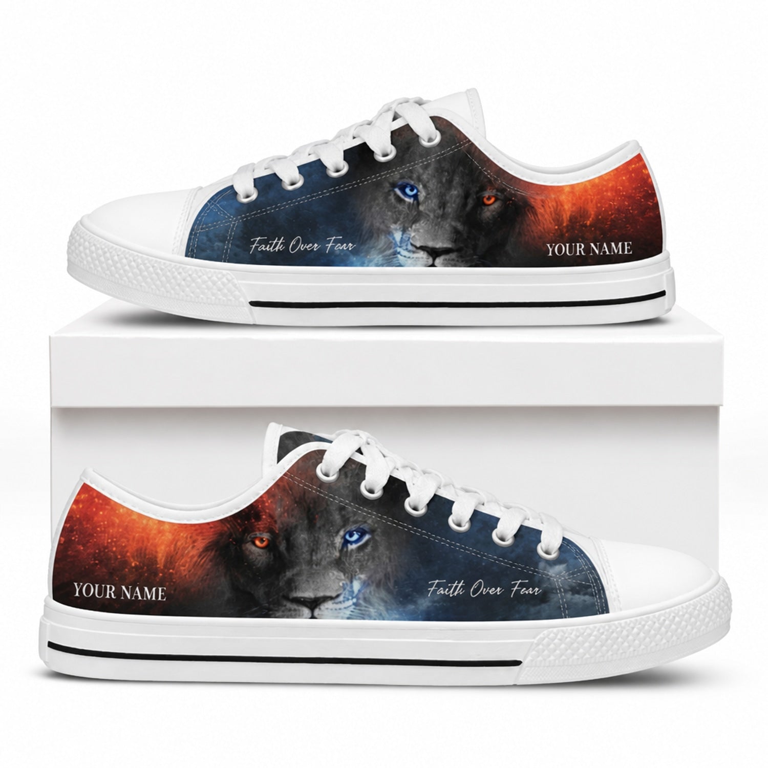 Faith Over Fear Lion Graphic Low Top Shoes box white    