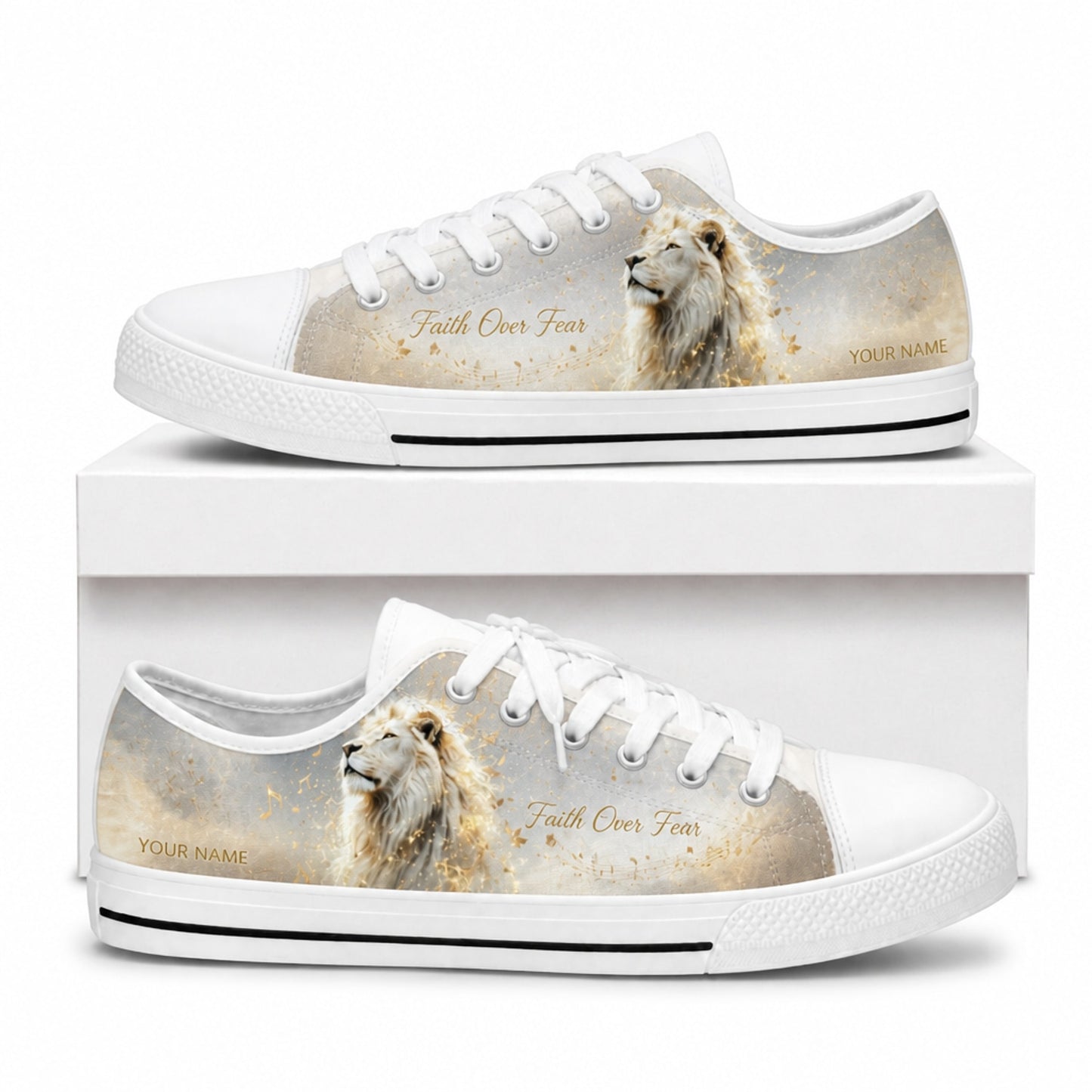 Faith Over Fear Lion Low Top Shoes box white    