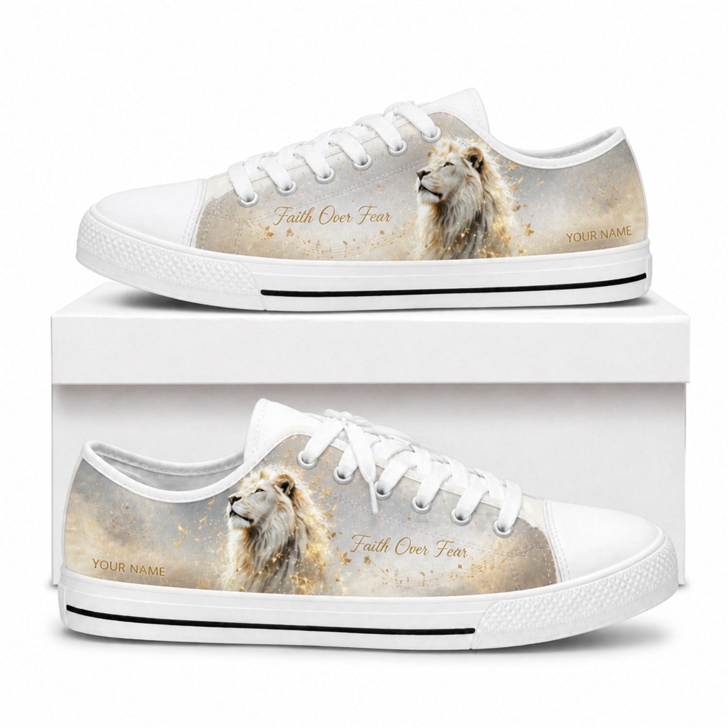 Faith Over Fear Lion Low Top Shoes box white    