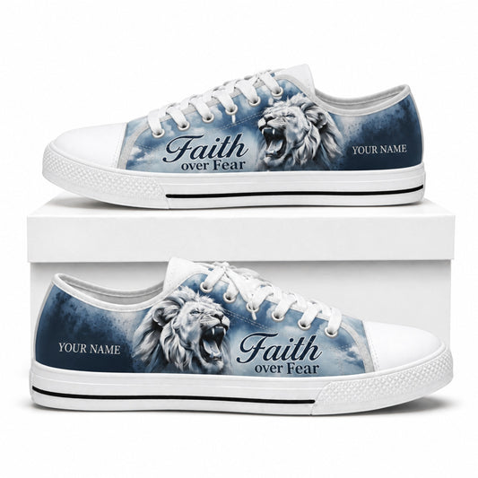 Faith Over Fear Lion Graphic Canvas Low Top Shoes box white    