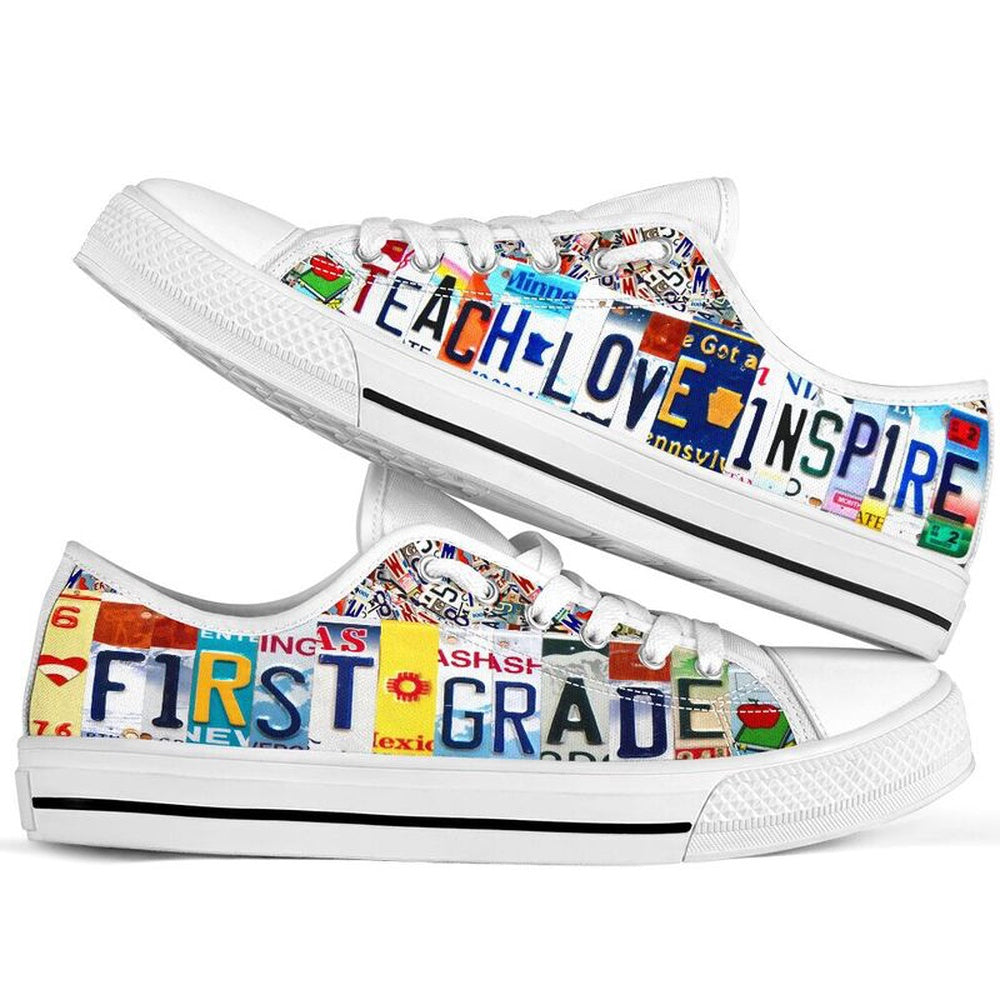 First Grade Inspire License Plates Low Top Shoes, Teacher Shoes, Low Top Sneakers