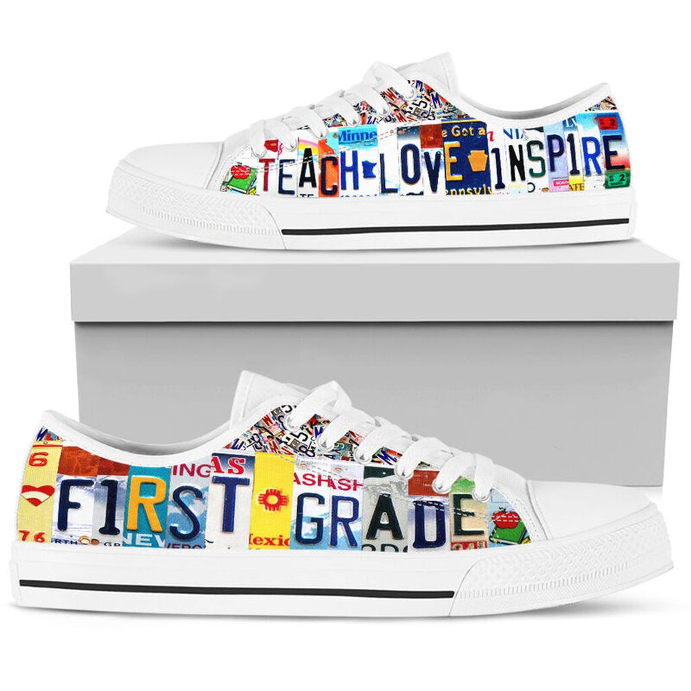 First Grade Inspire License Plates Low Top Shoes, Teacher Shoes, Low Top Sneakers