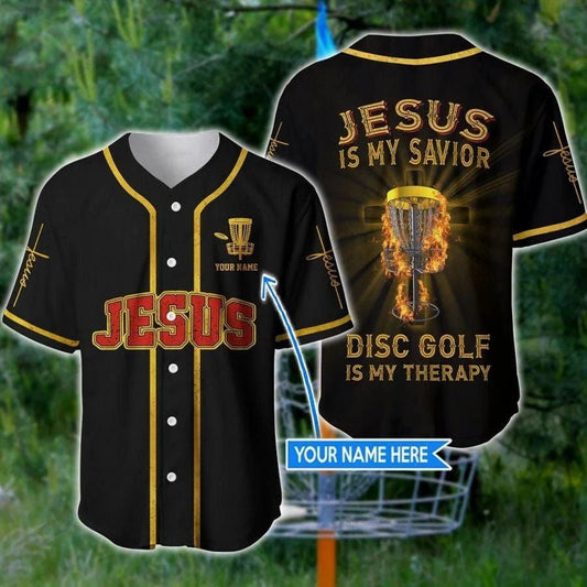 Flame Jesus Disc Golf Is My Therapy Cross Custom Baseball Jersey - Personalized Jesus Baseball Jersey For Men and Women