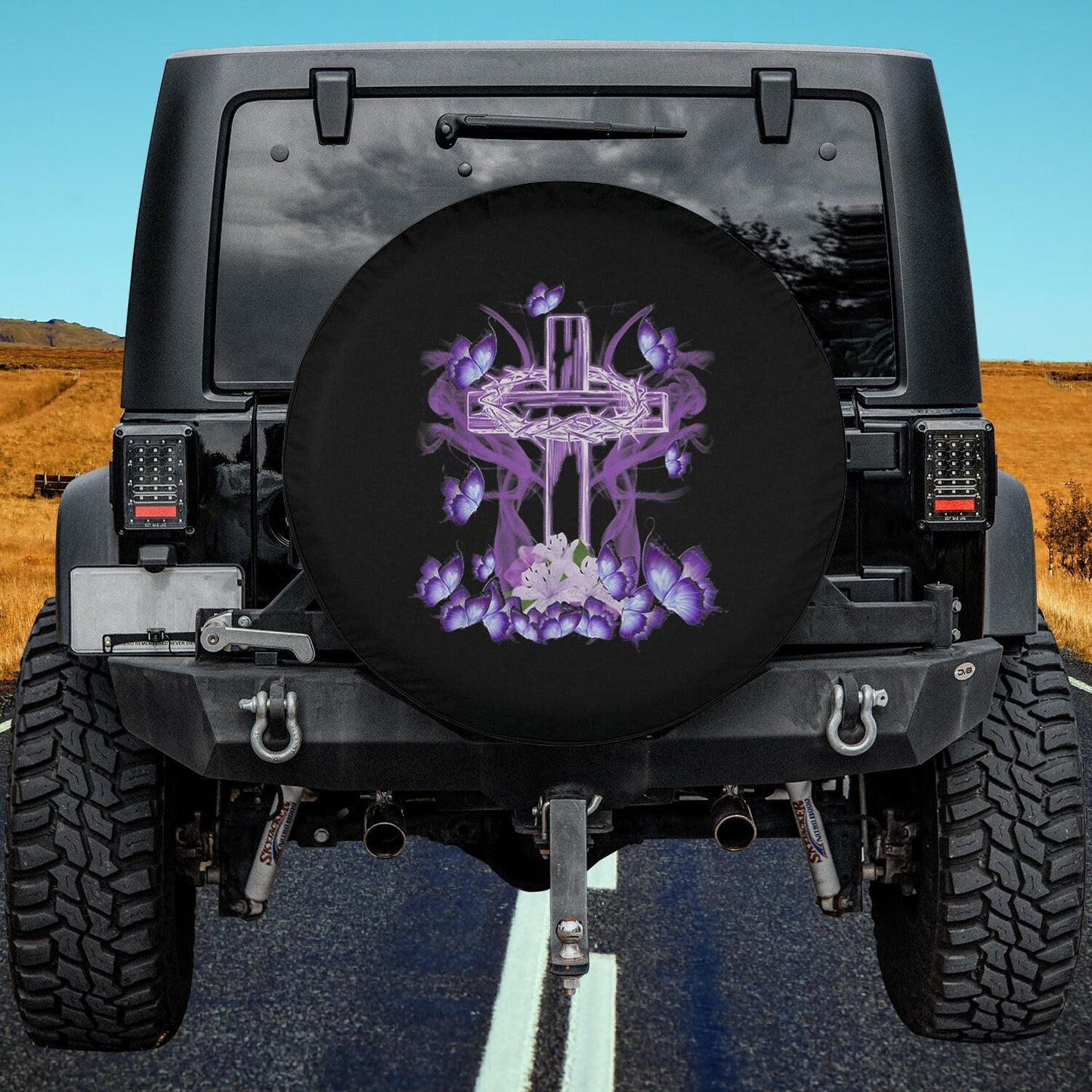 Floral Cross Flowers Butterfly Jesus Christian Purple Spare Tire Cover - Religious Christian Spare Tire Cover