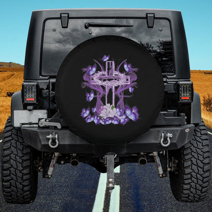 Floral Cross Flowers Butterfly Jesus Christian Purple Spare Tire Cover - Religious Christian Spare Tire Cover