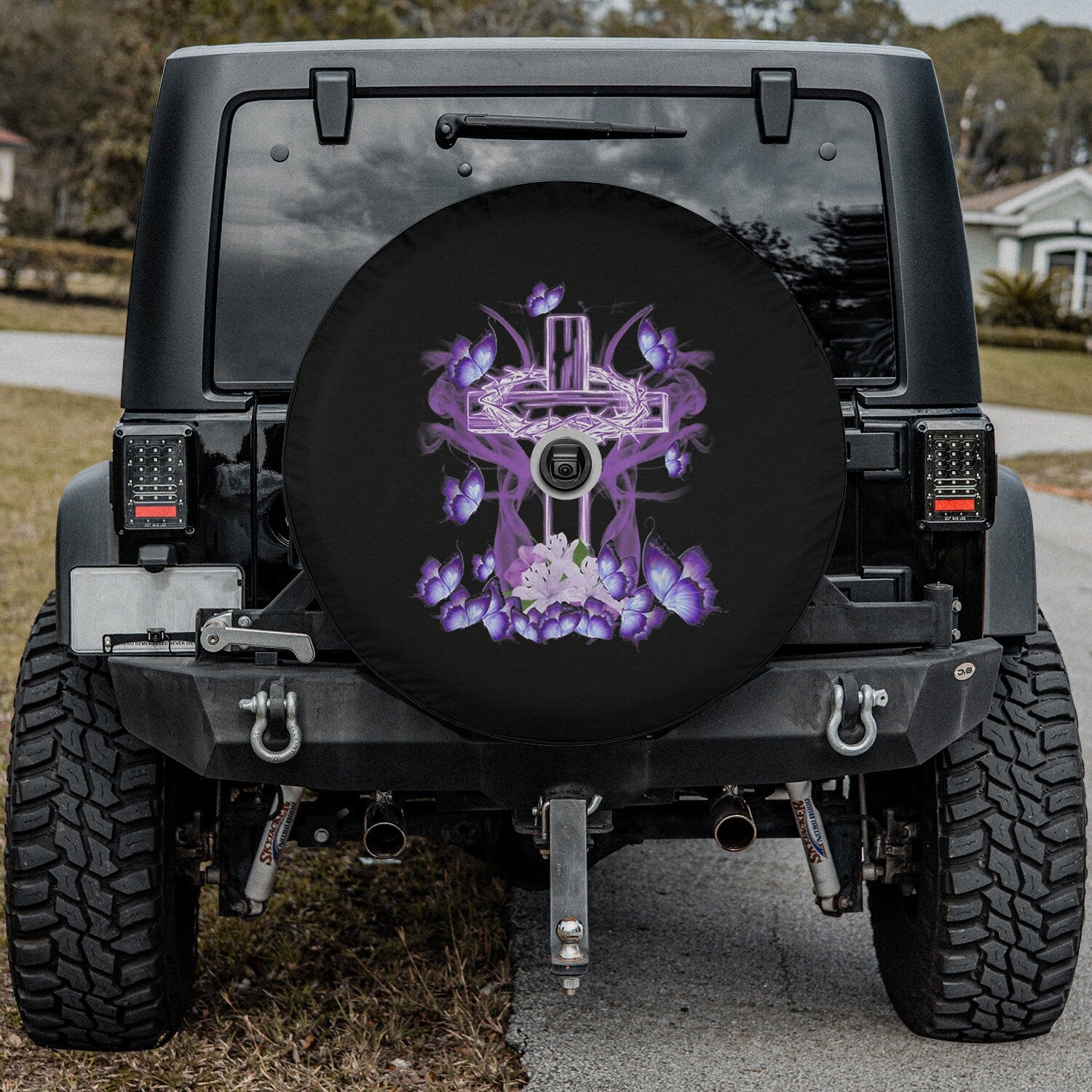 Floral Cross Flowers Butterfly Jesus Christian Purple Spare Tire Cover - Religious Christian Spare Tire Cover