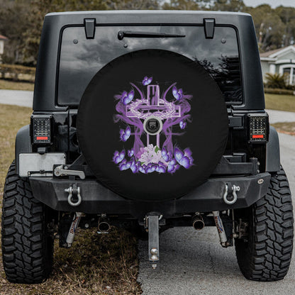 Floral Cross Flowers Butterfly Jesus Christian Purple Spare Tire Cover - Religious Christian Spare Tire Cover