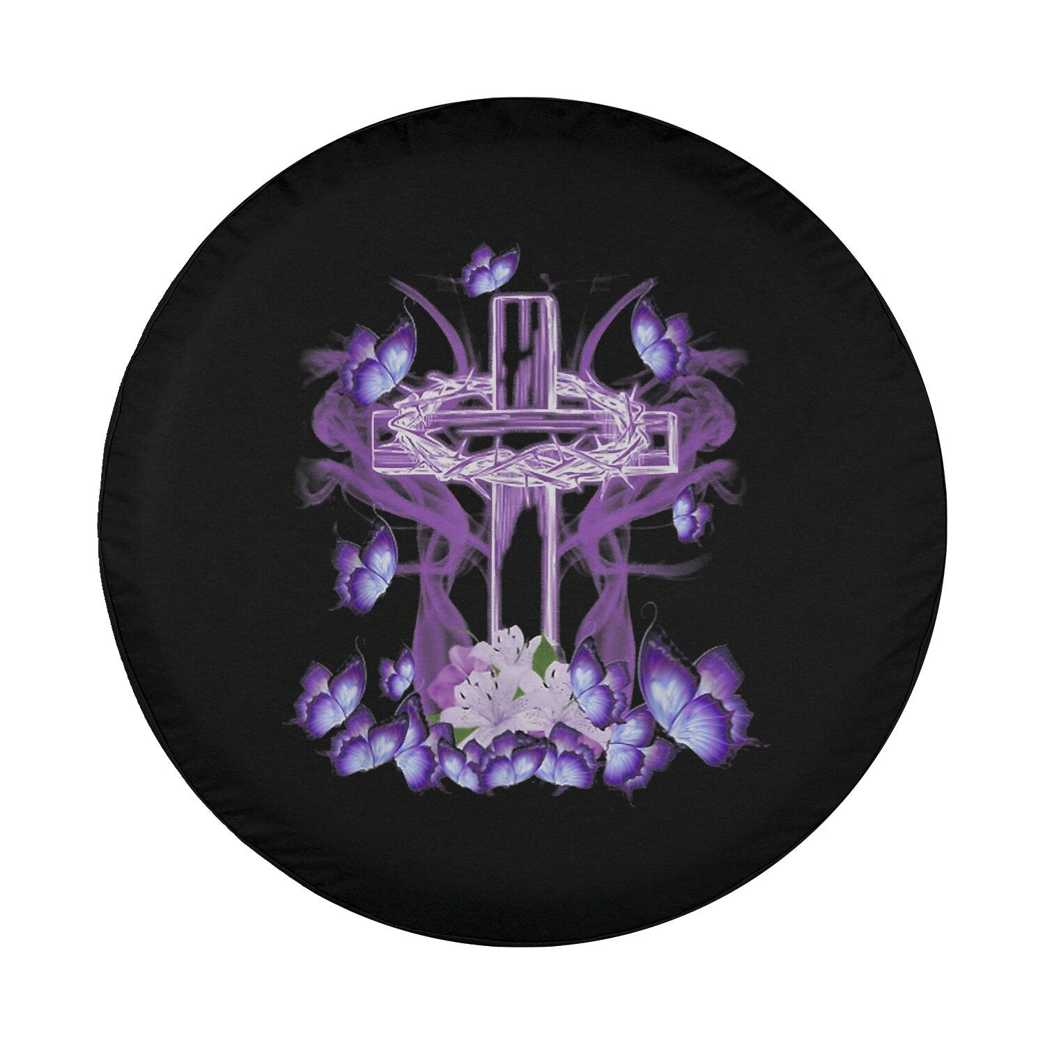 Floral Cross Flowers Butterfly Jesus Christian Purple Spare Tire Cover - Religious Christian Spare Tire Cover