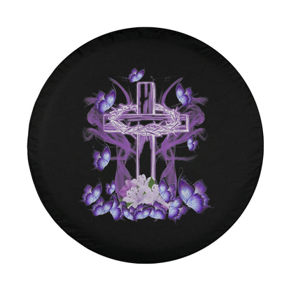 Floral Cross Flowers Butterfly Jesus Christian Purple Spare Tire Cover - Religious Christian Spare Tire Cover