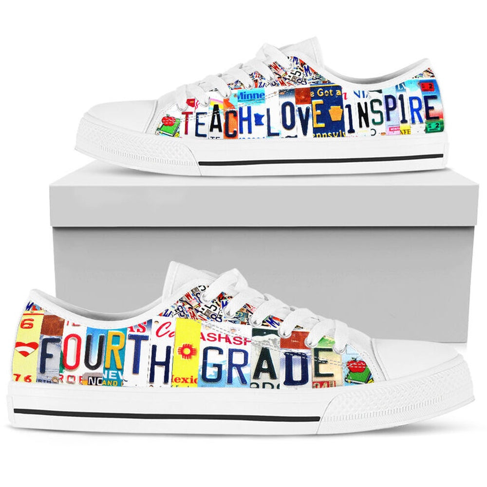 Fourth Grade Inspire License Plates Low Top Shoes, Teacher Shoes, Low Top Sneakers