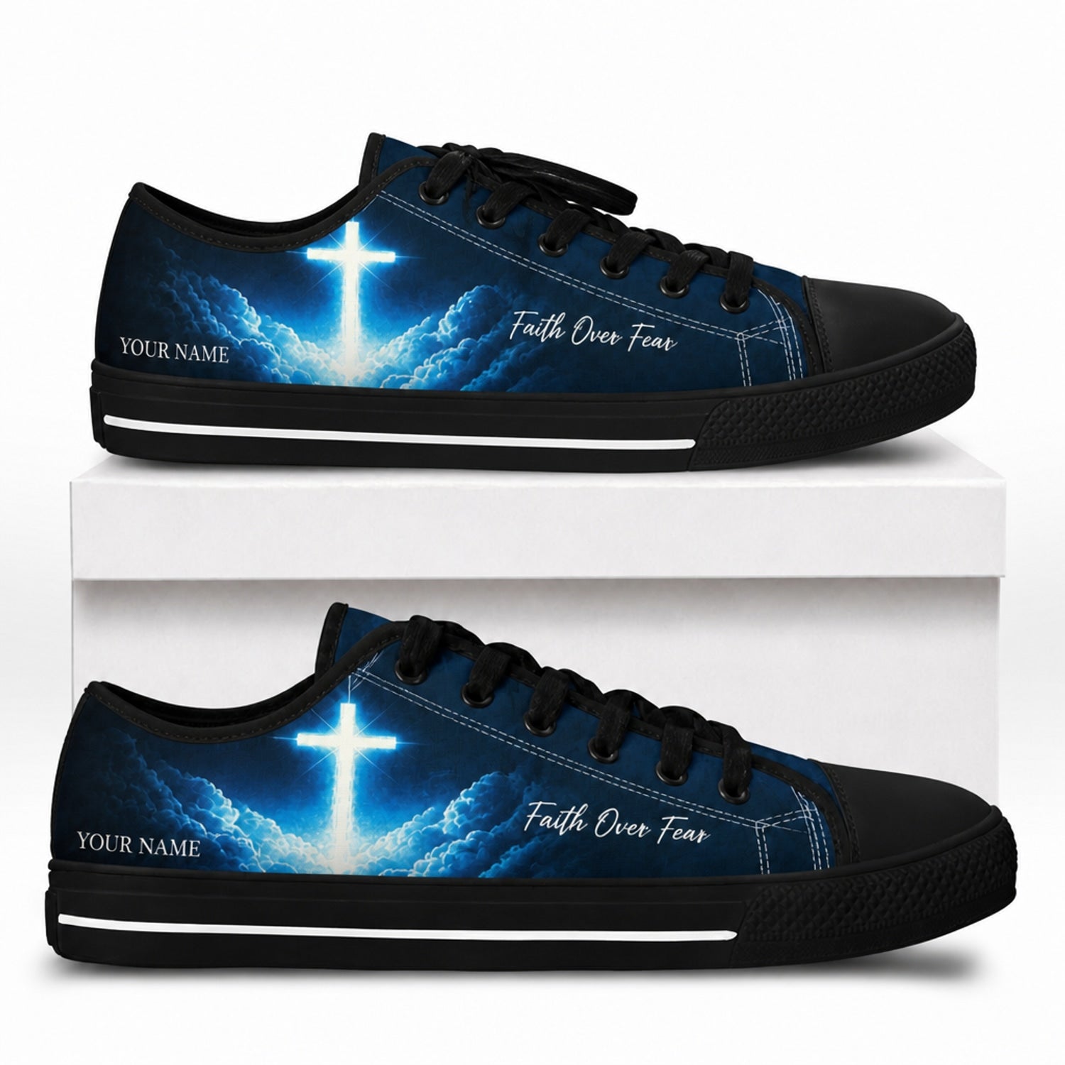 Glowing Cross In Clouds Graphic Custom Low Top Shoes box black  