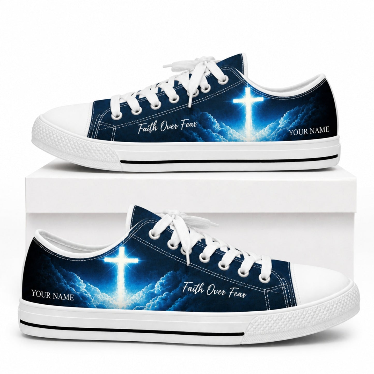 Glowing Cross In Clouds Graphic Custom Low Top Shoes box white  