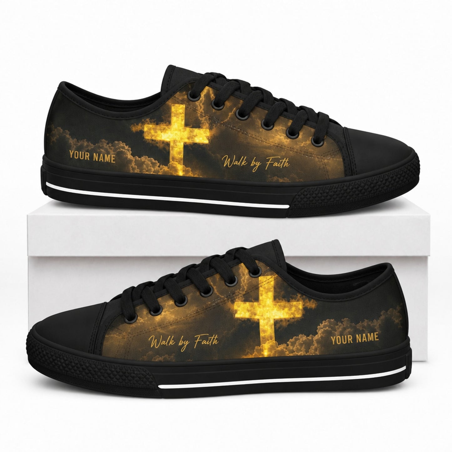 Glowing Cross With Clouds Graphic Personalized Low Top Shoes box black  