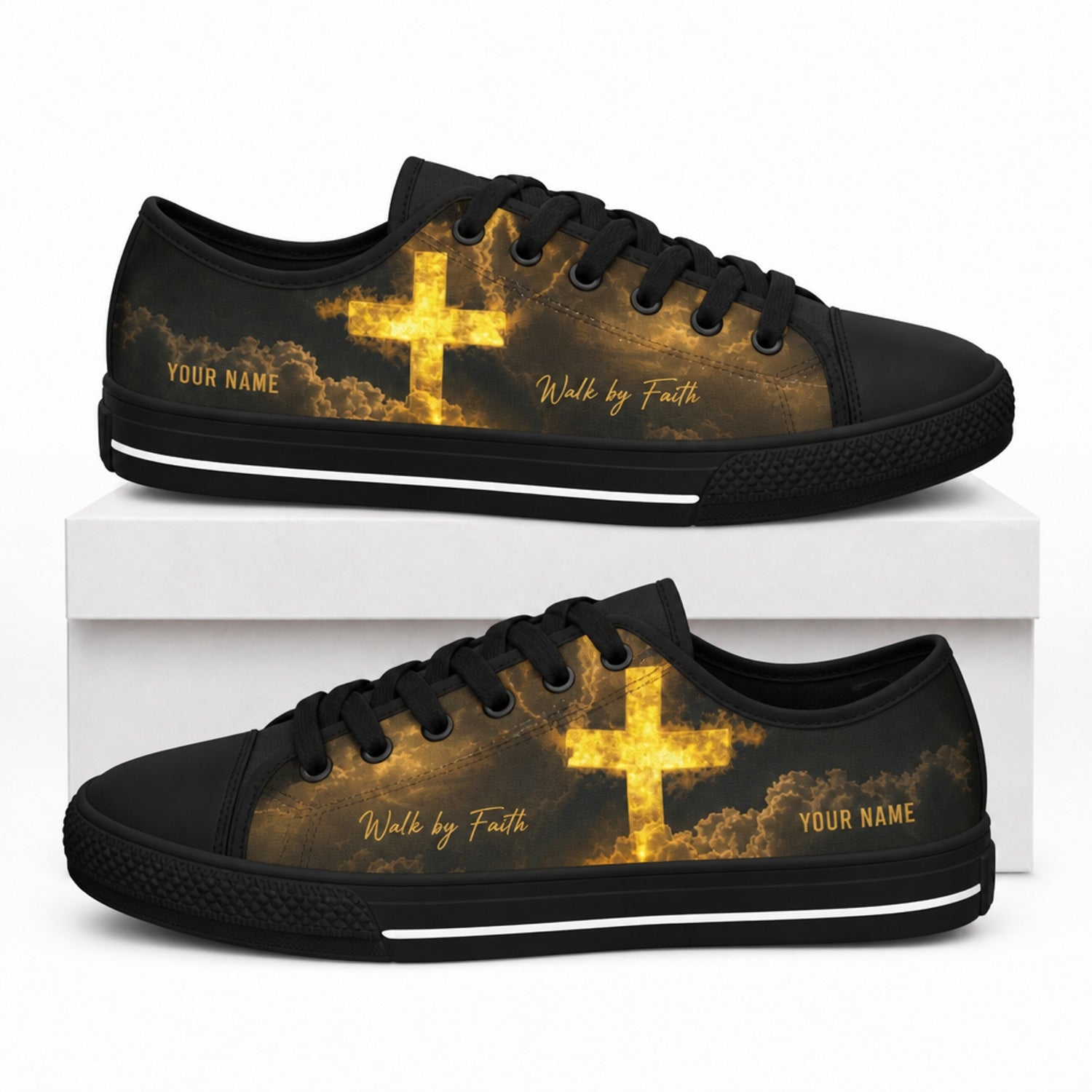 Glowing Cross With Clouds Graphic Personalized Low Top Shoes box black  