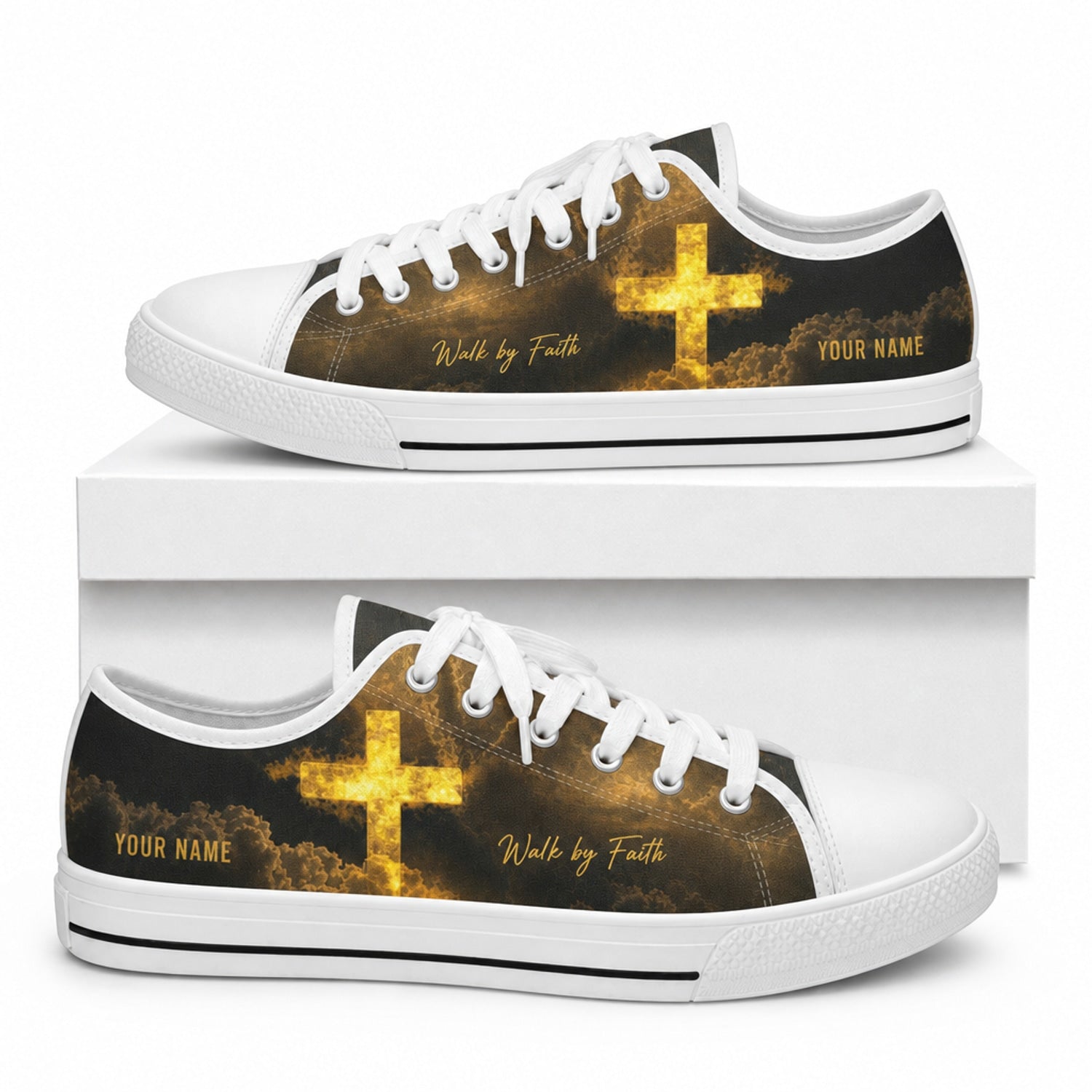 Glowing Cross With Clouds Graphic Personalized Low Top Shoes box white  