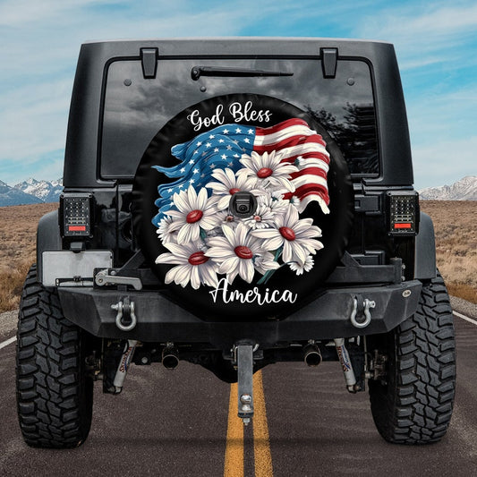 God Bless American Flag Flower Spare Tire Cover - Religious Christian Spare Tire Cover