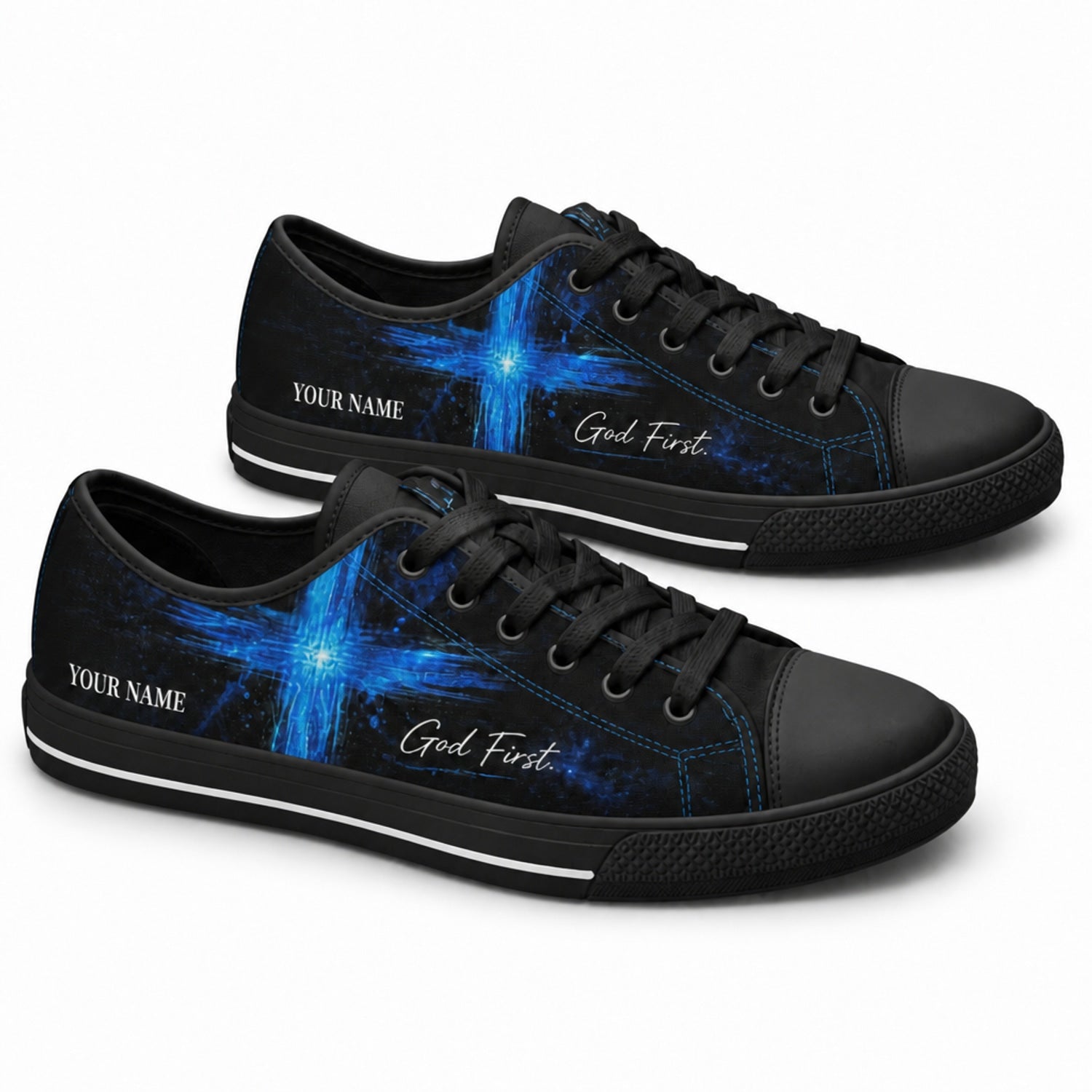 God First Blue Cross Modern Personalized Low Top Shoes black shoes  
