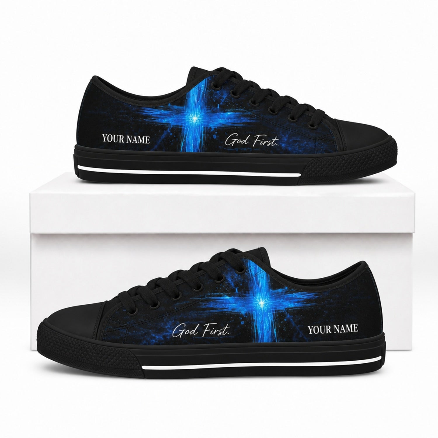 God First Blue Cross Modern Personalized Low Top Shoes box black  