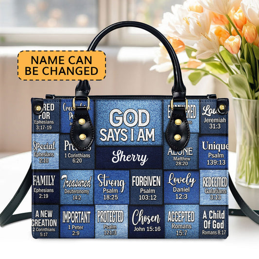 God Says I Am Strong Protected Personalized Leather Handbag - Jesus Handbag