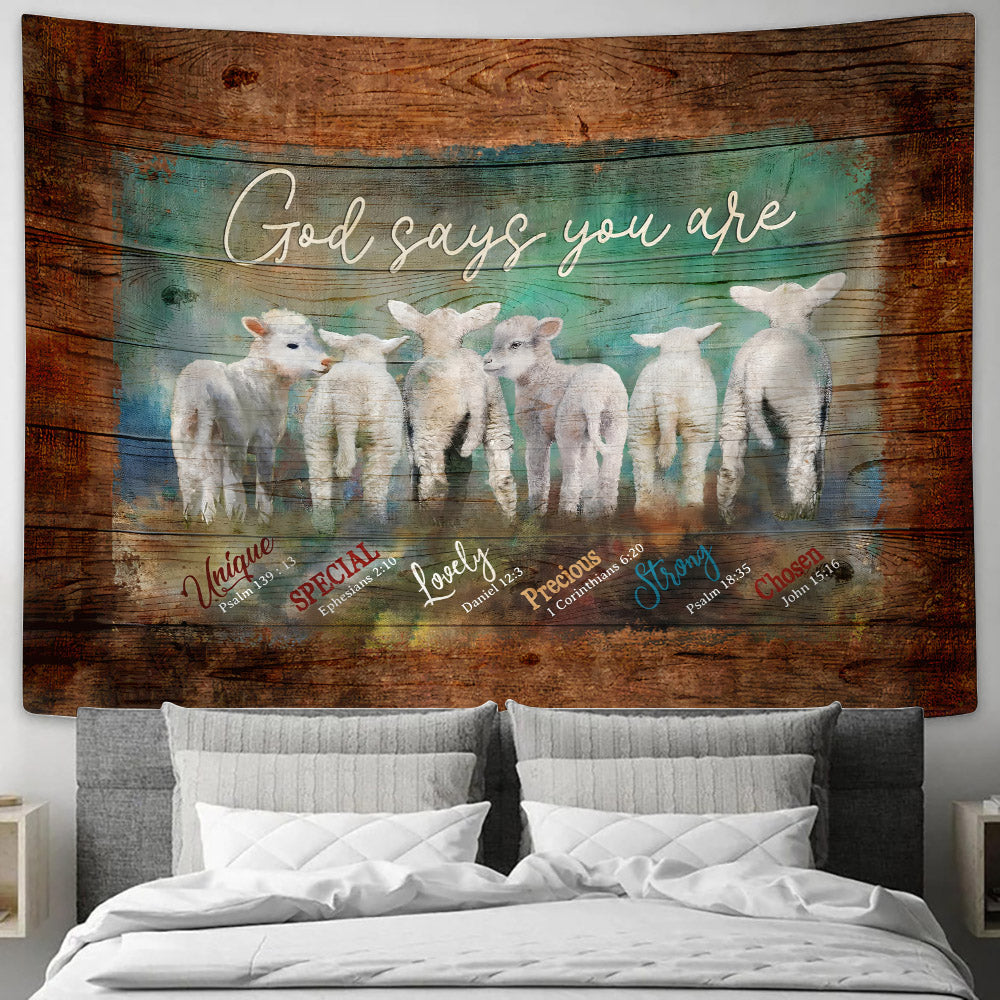 God Says You Are Unique Baby Lambs Tapestry - Christian Wall Tapestries