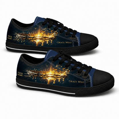 Grace Wins Crown Of Thorns Custom Low Top Canvas Shoes black shoes