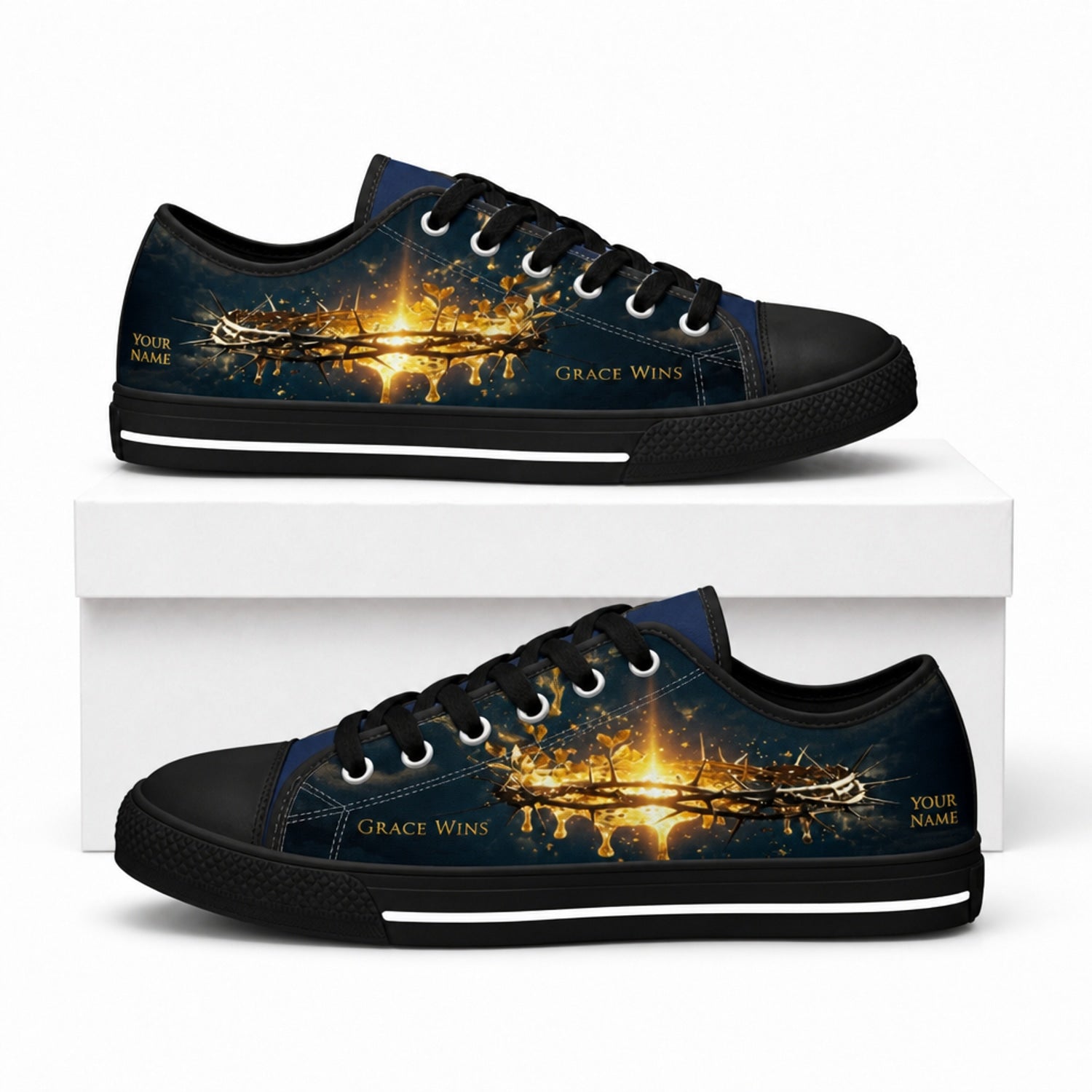 Grace Wins Crown Of Thorns Custom Low Top Canvas Shoes box black