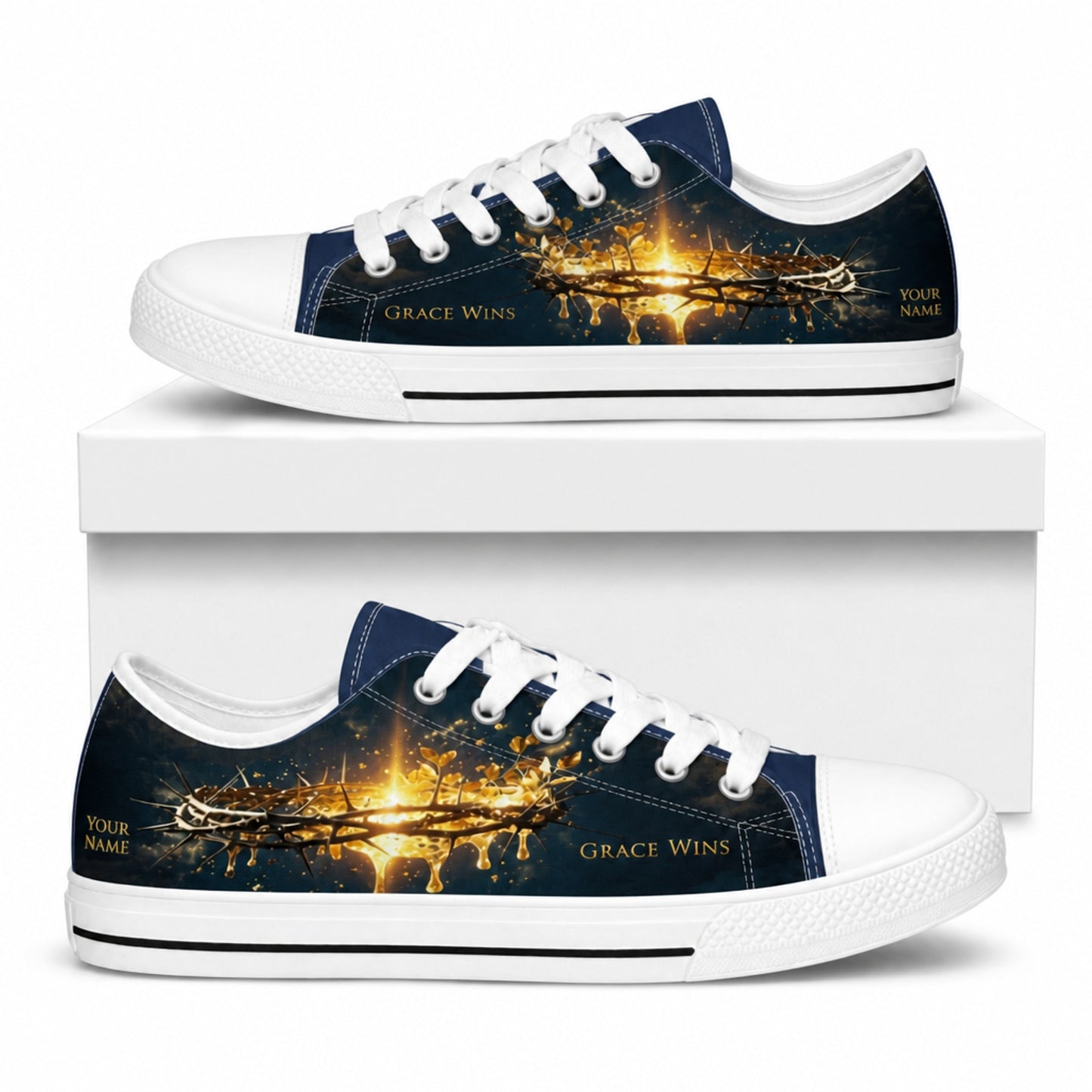 Grace Wins Crown Of Thorns Custom Low Top Canvas Shoes box white