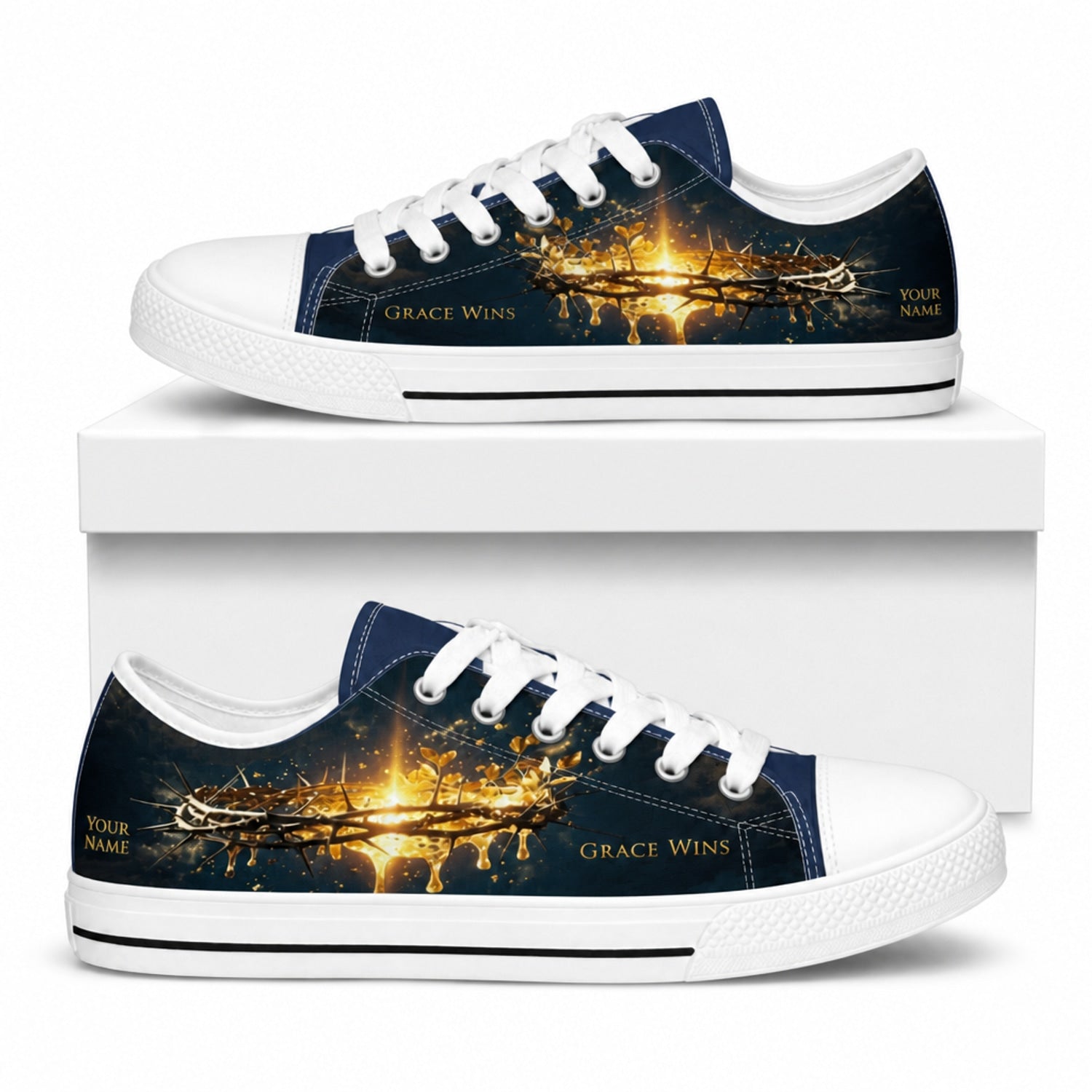 Grace Wins Crown Of Thorns Custom Low Top Canvas Shoes box white
