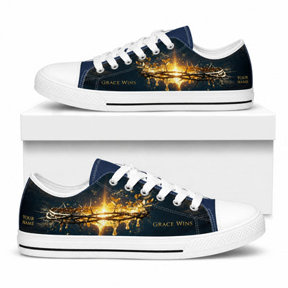 Grace Wins Crown Of Thorns Custom Low Top Canvas Shoes box white