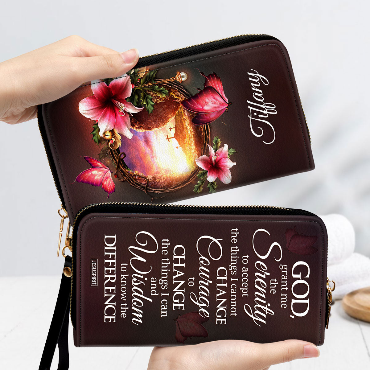 Grant Me The Serenity To Accept The Things I Cannot Change Personalized Zippered Leather Clutch Purse