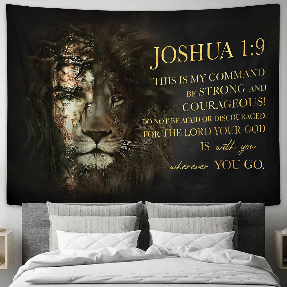 Half Jesus Half Lion Joshua 1 9 Tapestry - Christian Tapestries - Wall Tapestry Bible Verse