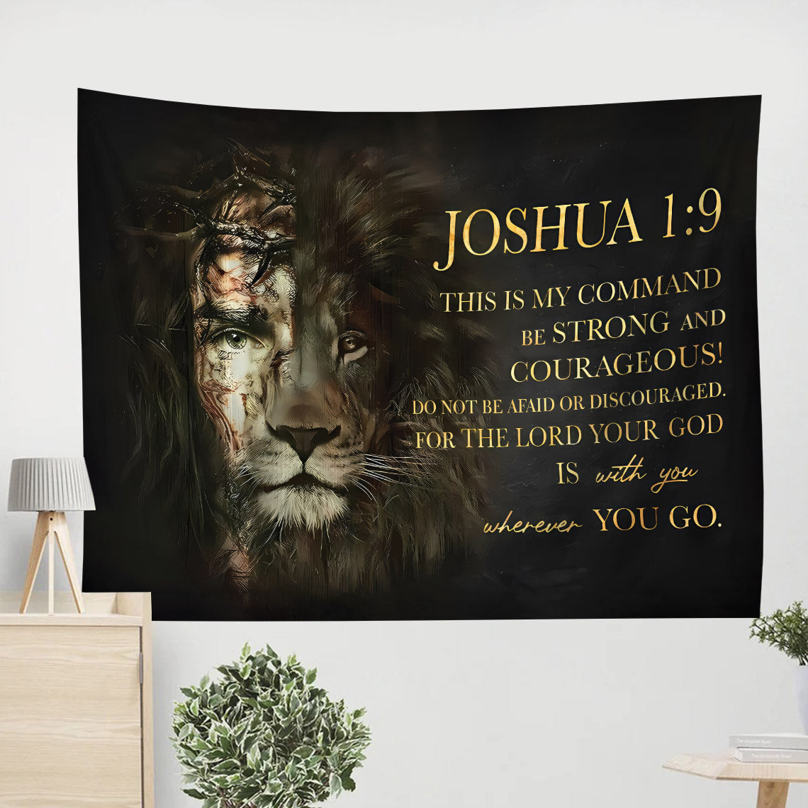 Half Jesus Half Lion Joshua 1 9 Tapestry - Christian Tapestries - Wall Tapestry Bible Verse