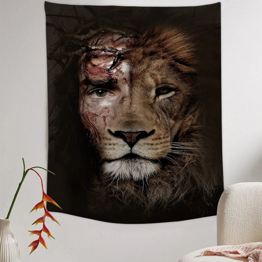 Half Jesus Half Lion Tapestry - Christian Tapestry - Bible Verse Tapestry